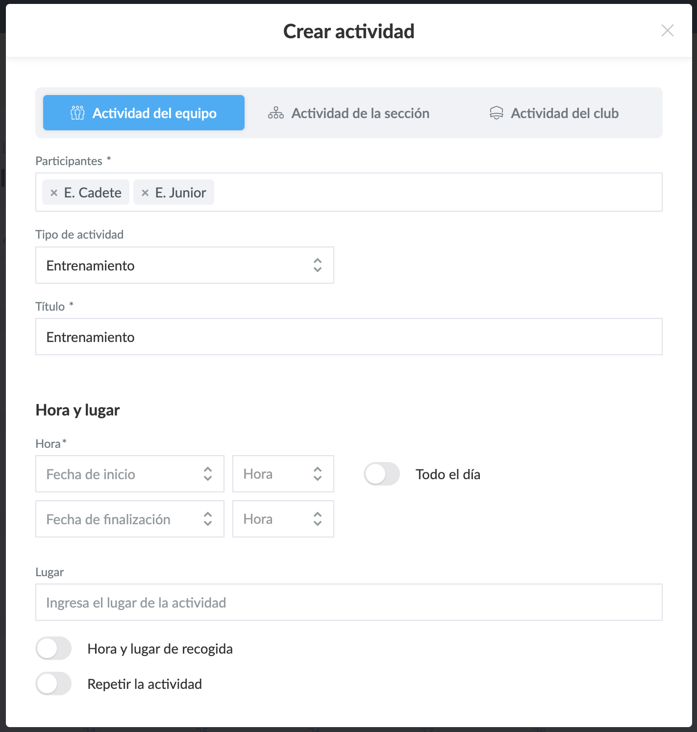Crear actividades para varios equipos